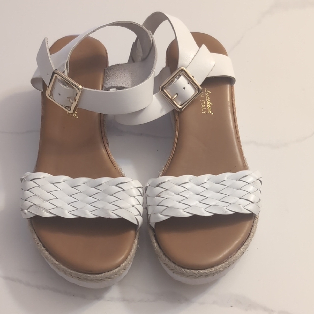 Lucchese White and Brown Sandals with Braided Straps